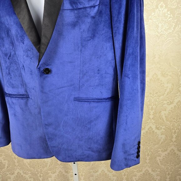 Guess Size Medium Blue Velvet Blazer 1 Button Front Black Satin Lapels 3 Pocket - Picture 4 of 15